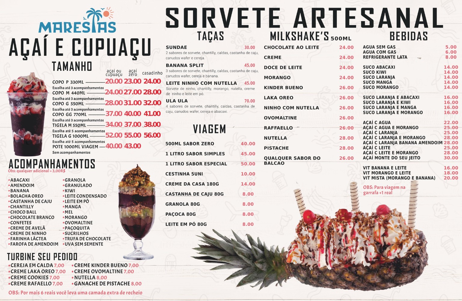 Cardápio Maresias: açaí e cupuaçu, acompanhamentos, taças, sorvetes para viagem, milk-shakes e bebidas com preços